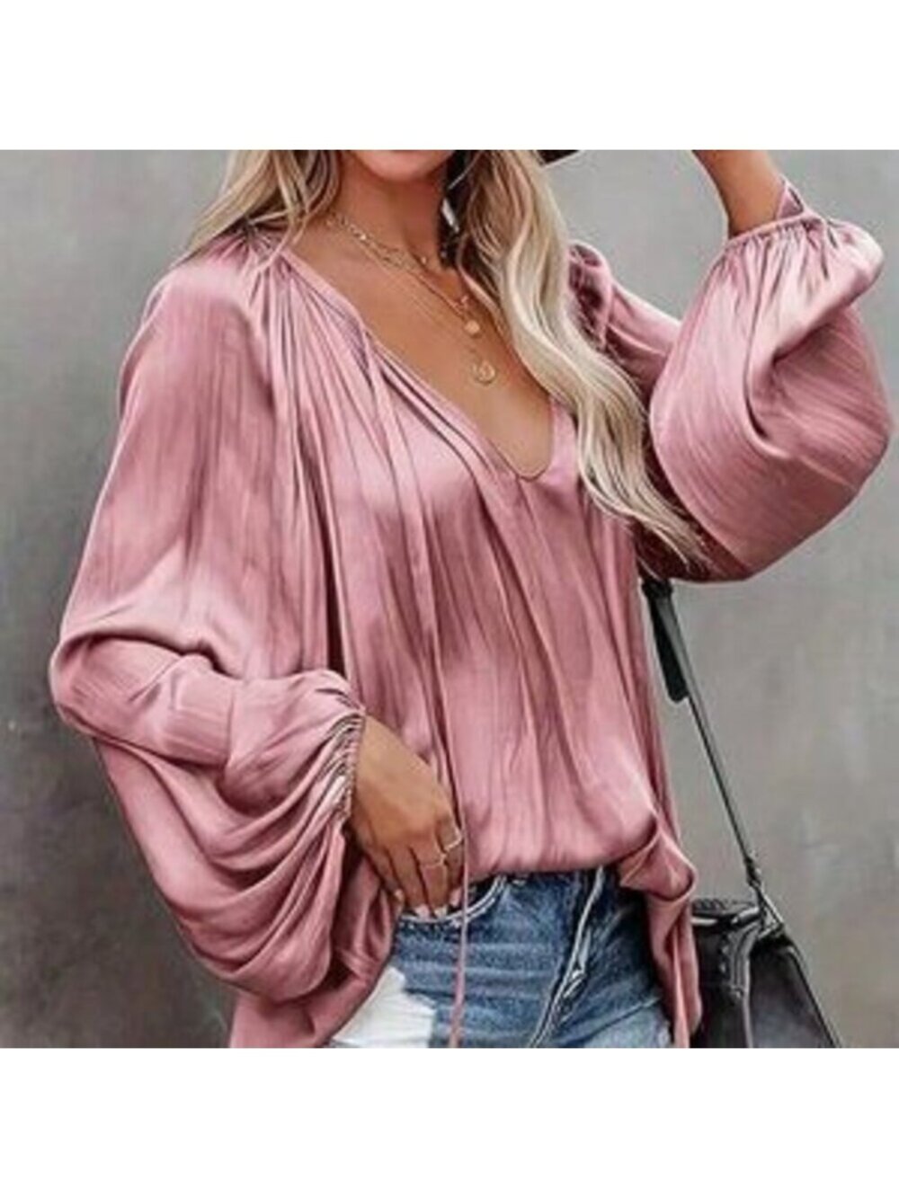 Dusty Pink Casual Women's Elegant Tie Collar Lantern Sleeve Ruched Blouse - Picture 4 of 5